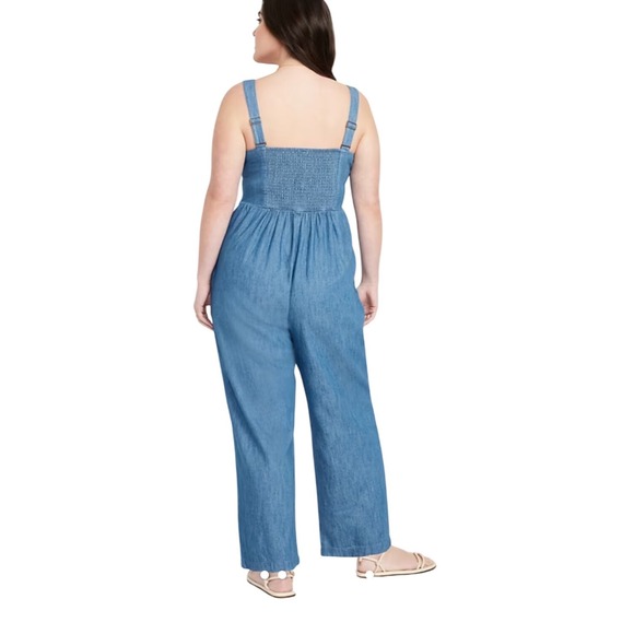 Old Navy Denim Jumpsuit XXL Petite Chambray Button Front Wide Leg Cropped - Picture 3 of 12
